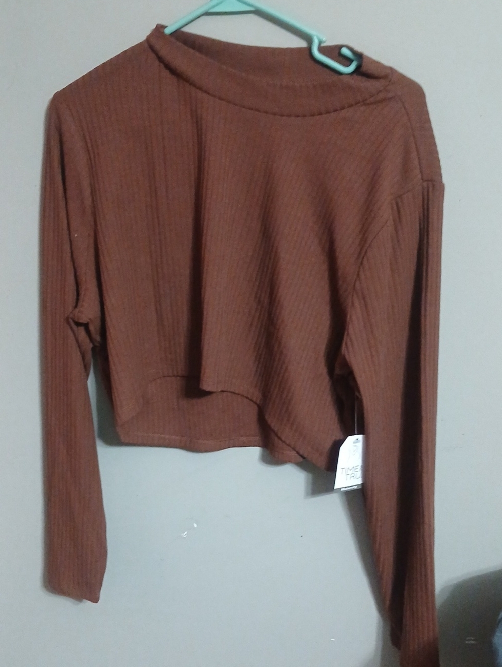 Time and Tru Brown Ribbed Long Sleeve Cropped Top